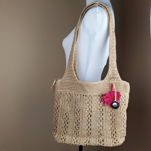 The Sak Crochet Casual Classics Large Tote Bag w/Pink Flower Charm - Picture 3 of 15